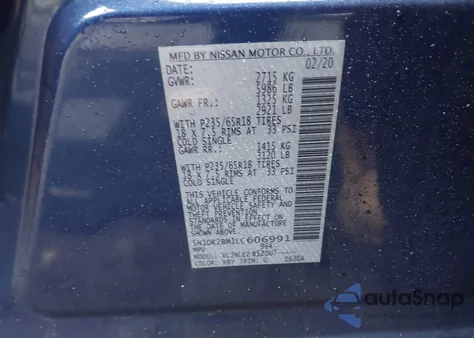 2020 Nissan Pathfinder Sv 4Wd z USA, uszkodzony, nr VIN 5N1DR2BM1LC606991